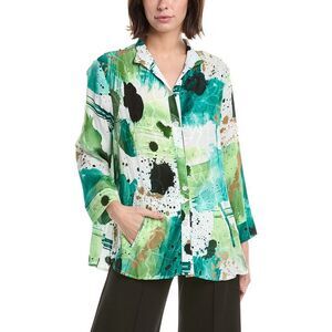 Lemon Grass Womens  Flip Collar Embroidered Blouse, Green